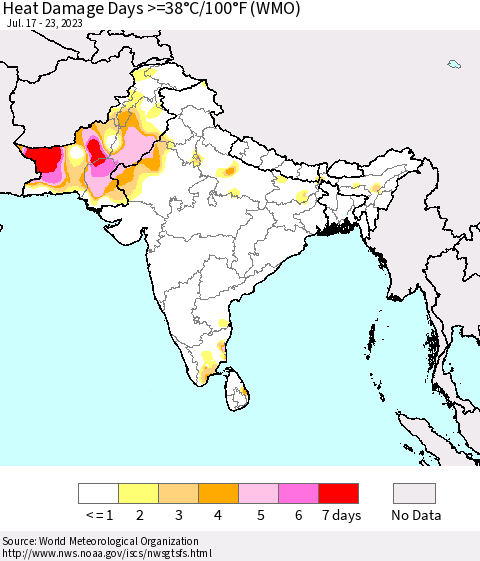 Southern Asia Heat Damage Days >=38°C/100°F (WMO) Thematic Map For 7/17/2023 - 7/23/2023