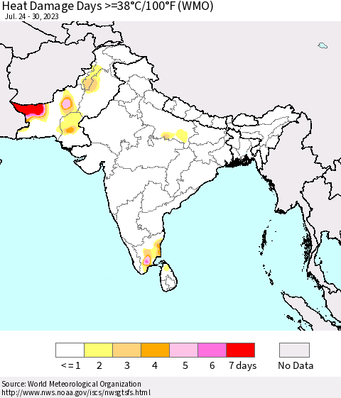 Southern Asia Heat Damage Days >=38°C/100°F (WMO) Thematic Map For 7/24/2023 - 7/30/2023