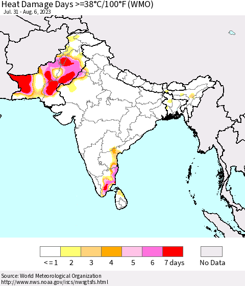 Southern Asia Heat Damage Days >=38°C/100°F (WMO) Thematic Map For 7/31/2023 - 8/6/2023