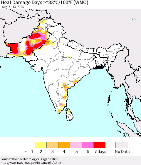Southern Asia Heat Damage Days >=38°C/100°F (WMO) Thematic Map For 8/7/2023 - 8/13/2023