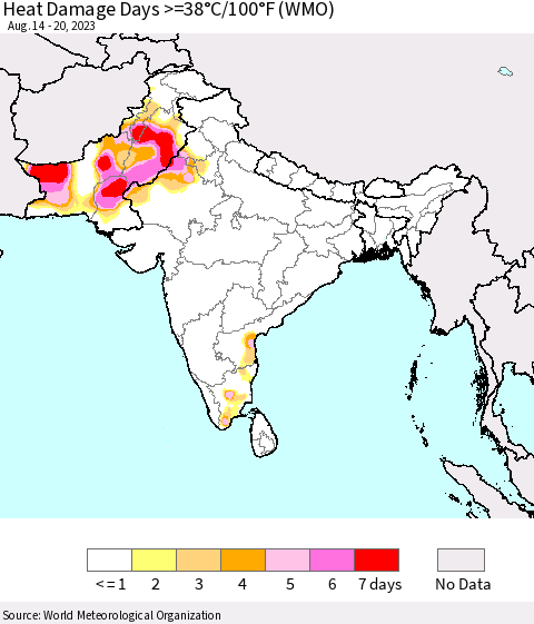 Southern Asia Heat Damage Days >=38°C/100°F (WMO) Thematic Map For 8/14/2023 - 8/20/2023