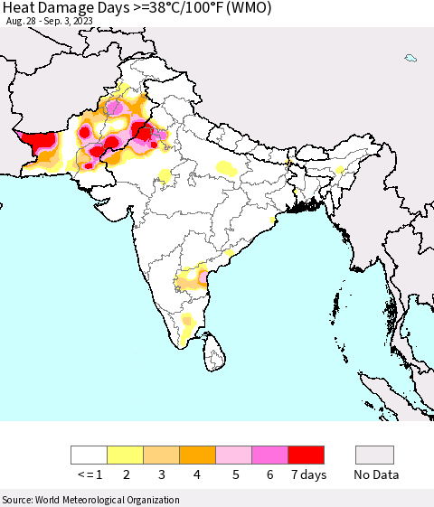 Southern Asia Heat Damage Days >=38°C/100°F (WMO) Thematic Map For 8/28/2023 - 9/3/2023