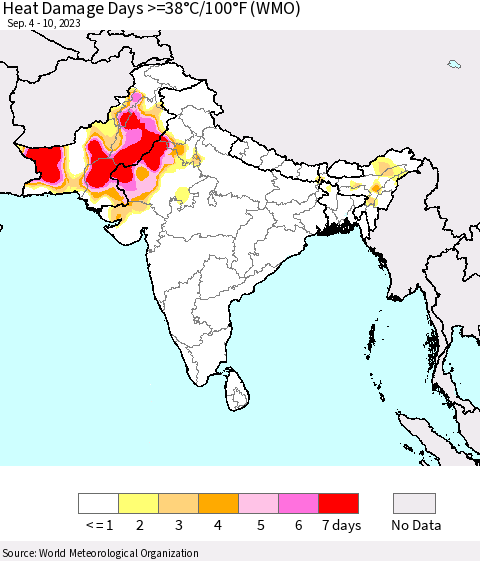 Southern Asia Heat Damage Days >=38°C/100°F (WMO) Thematic Map For 9/4/2023 - 9/10/2023