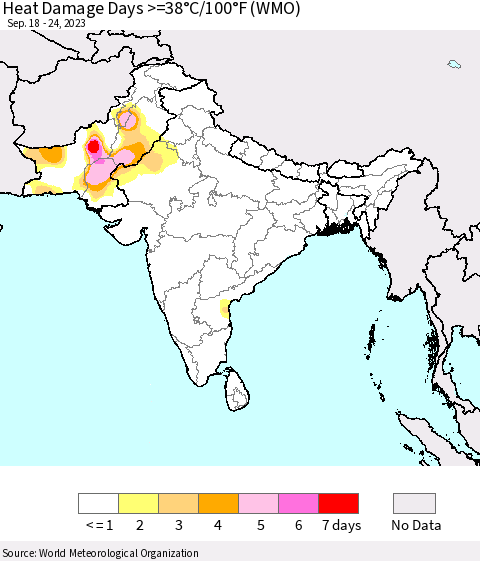 Southern Asia Heat Damage Days >=38°C/100°F (WMO) Thematic Map For 9/18/2023 - 9/24/2023