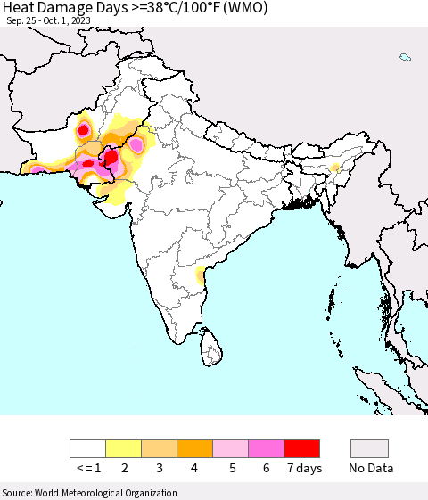 Southern Asia Heat Damage Days >=38°C/100°F (WMO) Thematic Map For 9/25/2023 - 10/1/2023