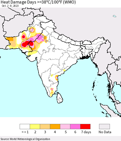 Southern Asia Heat Damage Days >=38°C/100°F (WMO) Thematic Map For 10/2/2023 - 10/8/2023