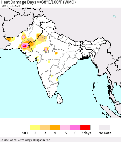 Southern Asia Heat Damage Days >=38°C/100°F (WMO) Thematic Map For 10/9/2023 - 10/15/2023