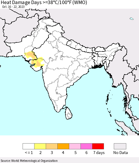 Southern Asia Heat Damage Days >=38°C/100°F (WMO) Thematic Map For 10/16/2023 - 10/22/2023