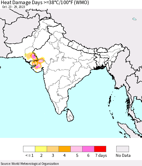 Southern Asia Heat Damage Days >=38°C/100°F (WMO) Thematic Map For 10/23/2023 - 10/29/2023