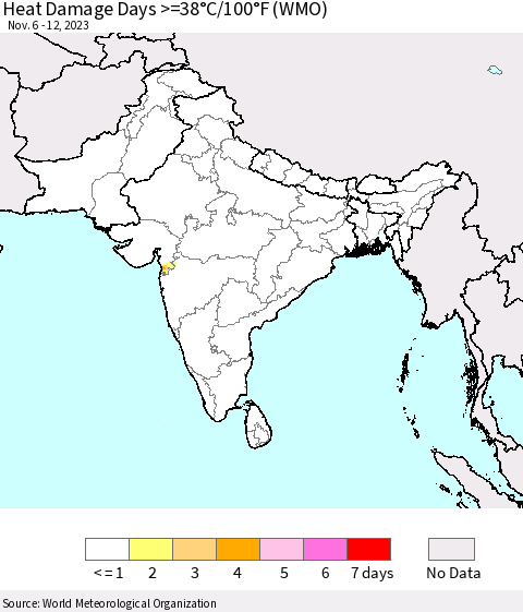 Southern Asia Heat Damage Days >=38°C/100°F (WMO) Thematic Map For 11/6/2023 - 11/12/2023