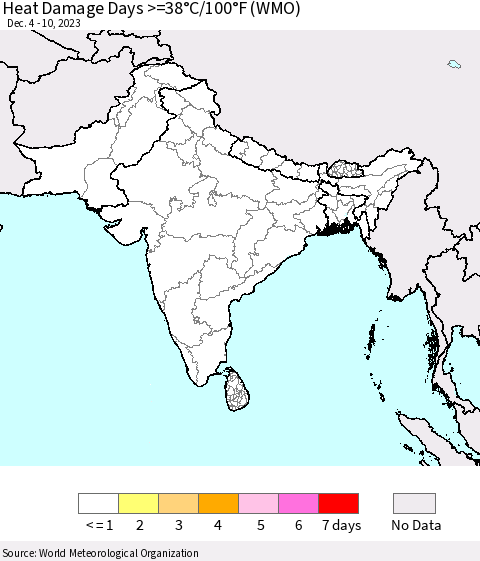 Southern Asia Heat Damage Days >=38°C/100°F (WMO) Thematic Map For 12/4/2023 - 12/10/2023