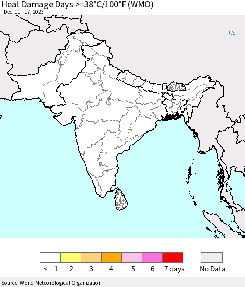 Southern Asia Heat Damage Days >=38°C/100°F (WMO) Thematic Map For 12/11/2023 - 12/17/2023
