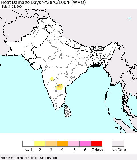 Southern Asia Heat Damage Days >=38°C/100°F (WMO) Thematic Map For 2/5/2024 - 2/11/2024