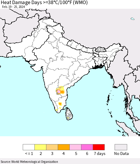 Southern Asia Heat Damage Days >=38°C/100°F (WMO) Thematic Map For 2/19/2024 - 2/25/2024