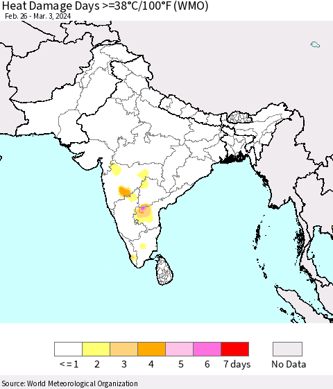 Southern Asia Heat Damage Days >=38°C/100°F (WMO) Thematic Map For 2/26/2024 - 3/3/2024