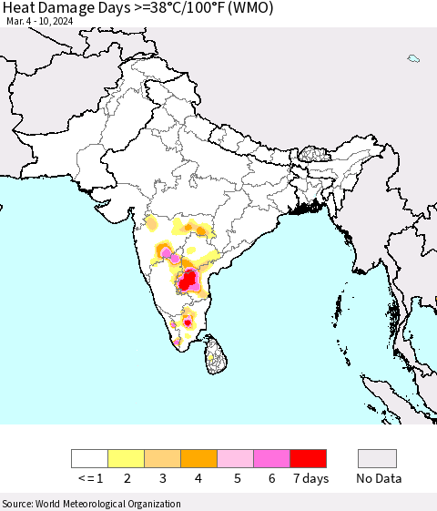 Southern Asia Heat Damage Days >=38°C/100°F (WMO) Thematic Map For 3/4/2024 - 3/10/2024