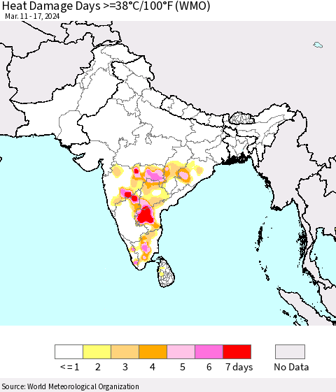 Southern Asia Heat Damage Days >=38°C/100°F (WMO) Thematic Map For 3/11/2024 - 3/17/2024