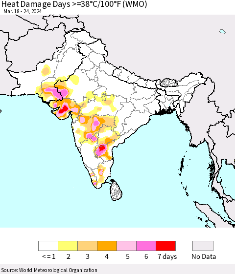 Southern Asia Heat Damage Days >=38°C/100°F (WMO) Thematic Map For 3/18/2024 - 3/24/2024