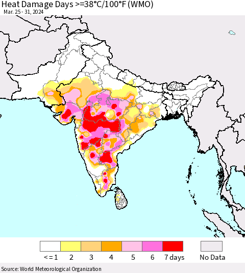 Southern Asia Heat Damage Days >=38°C/100°F (WMO) Thematic Map For 3/25/2024 - 3/31/2024