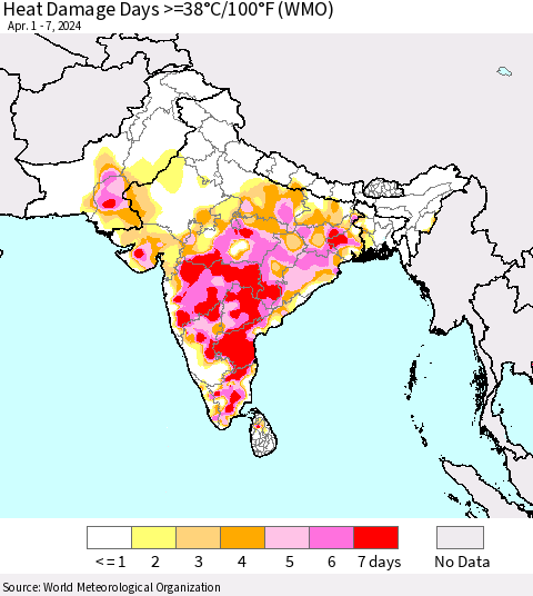 Southern Asia Heat Damage Days >=38°C/100°F (WMO) Thematic Map For 4/1/2024 - 4/7/2024