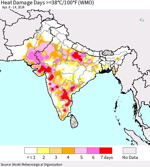 Southern Asia Heat Damage Days >=38°C/100°F (WMO) Thematic Map For 4/8/2024 - 4/14/2024