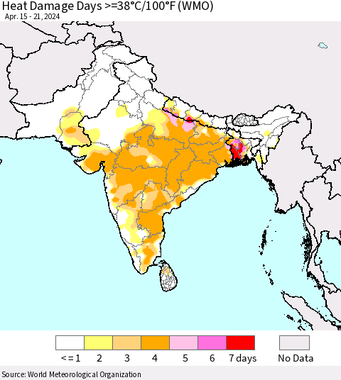 Southern Asia Heat Damage Days >=38°C/100°F (WMO) Thematic Map For 4/15/2024 - 4/21/2024