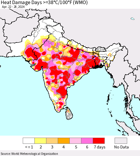 Southern Asia Heat Damage Days >=38°C/100°F (WMO) Thematic Map For 4/22/2024 - 4/28/2024