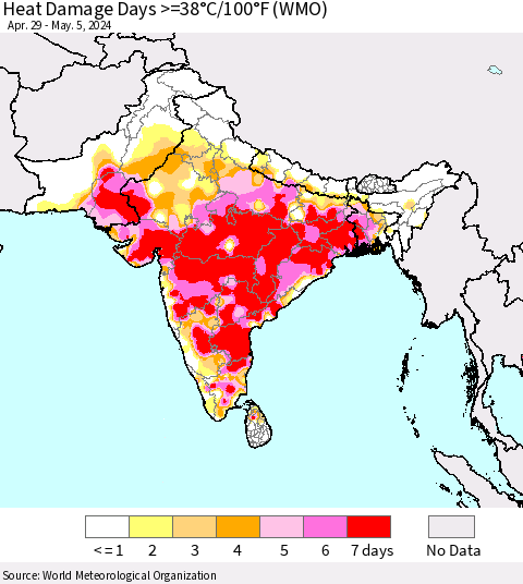 Southern Asia Heat Damage Days >=38°C/100°F (WMO) Thematic Map For 4/29/2024 - 5/5/2024