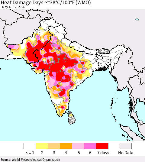Southern Asia Heat Damage Days >=38°C/100°F (WMO) Thematic Map For 5/6/2024 - 5/12/2024