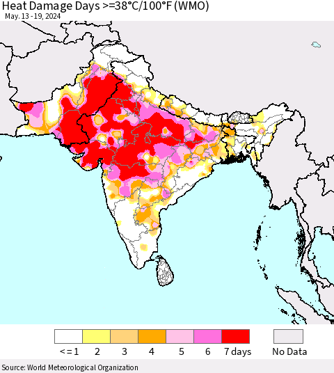 Southern Asia Heat Damage Days >=38°C/100°F (WMO) Thematic Map For 5/13/2024 - 5/19/2024