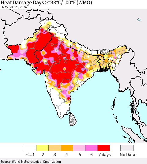 Southern Asia Heat Damage Days >=38°C/100°F (WMO) Thematic Map For 5/20/2024 - 5/26/2024