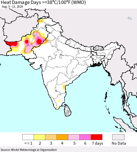 Southern Asia Heat Damage Days >=38°C/100°F (WMO) Thematic Map For 8/5/2024 - 8/11/2024