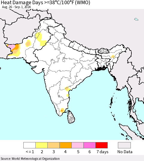 Southern Asia Heat Damage Days >=38°C/100°F (WMO) Thematic Map For 8/26/2024 - 9/1/2024