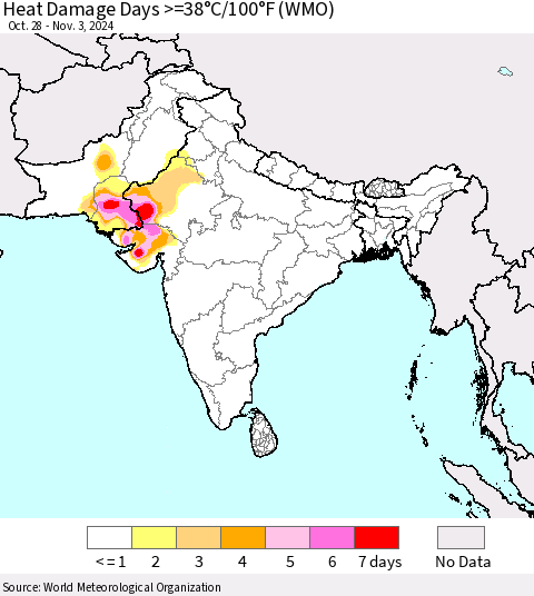 Southern Asia Heat Damage Days >=38°C/100°F (WMO) Thematic Map For 10/28/2024 - 11/3/2024