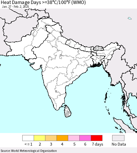 Southern Asia Heat Damage Days >=38°C/100°F (WMO) Thematic Map For 1/27/2025 - 2/2/2025