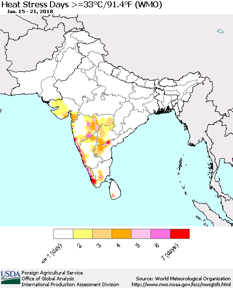 Southern Asia Heat Stress Days >=35°C/95°F (WMO) Thematic Map For 1/15/2018 - 1/21/2018