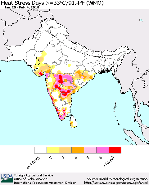 Southern Asia Heat Stress Days >=35°C/95°F (WMO) Thematic Map For 1/29/2018 - 2/4/2018