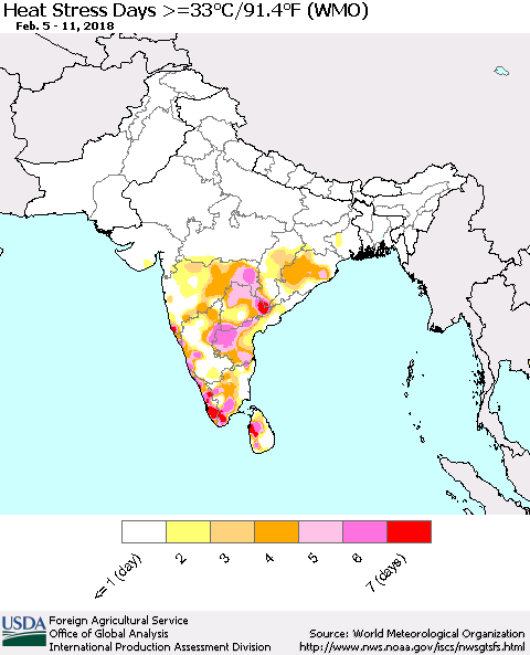 Southern Asia Heat Stress Days >=35°C/95°F (WMO) Thematic Map For 2/5/2018 - 2/11/2018