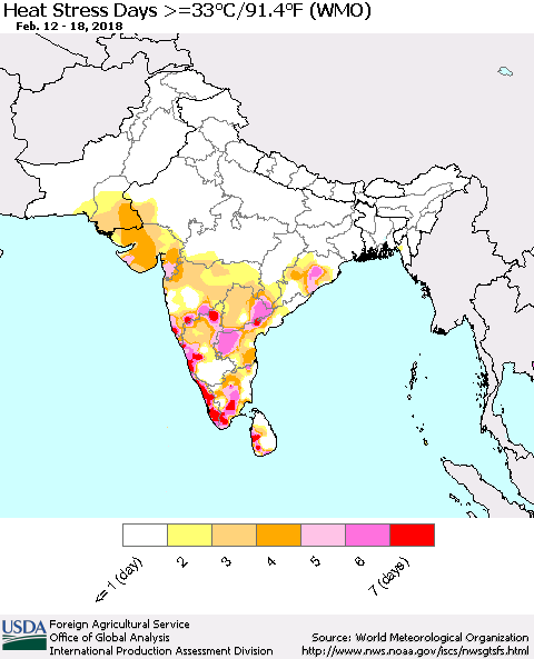 Southern Asia Heat Stress Days >=35°C/95°F (WMO) Thematic Map For 2/12/2018 - 2/18/2018