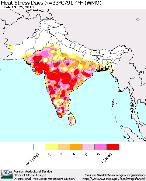 Southern Asia Heat Stress Days >=35°C/95°F (WMO) Thematic Map For 2/19/2018 - 2/25/2018