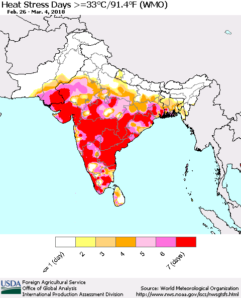Southern Asia Heat Stress Days >=35°C/95°F (WMO) Thematic Map For 2/26/2018 - 3/4/2018