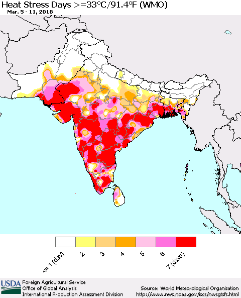 Southern Asia Heat Stress Days >=35°C/95°F (WMO) Thematic Map For 3/5/2018 - 3/11/2018