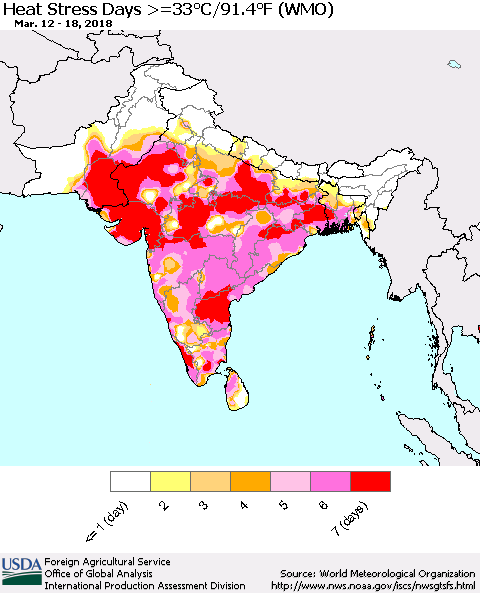 Southern Asia Heat Stress Days >=35°C/95°F (WMO) Thematic Map For 3/12/2018 - 3/18/2018