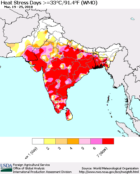 Southern Asia Heat Stress Days >=35°C/95°F (WMO) Thematic Map For 3/19/2018 - 3/25/2018