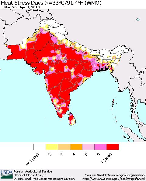 Southern Asia Heat Stress Days >=35°C/95°F (WMO) Thematic Map For 3/26/2018 - 4/1/2018