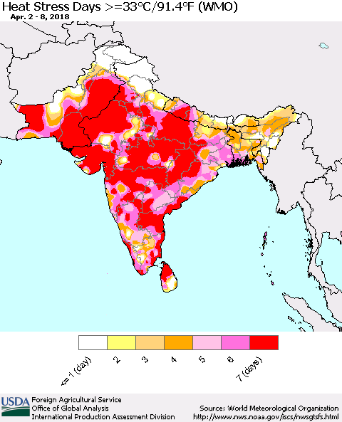 Southern Asia Heat Stress Days >=35°C/95°F (WMO) Thematic Map For 4/2/2018 - 4/8/2018