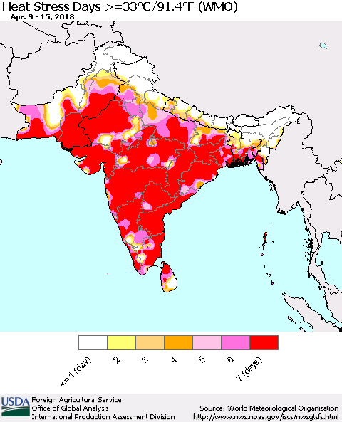 Southern Asia Heat Stress Days >=35°C/95°F (WMO) Thematic Map For 4/9/2018 - 4/15/2018