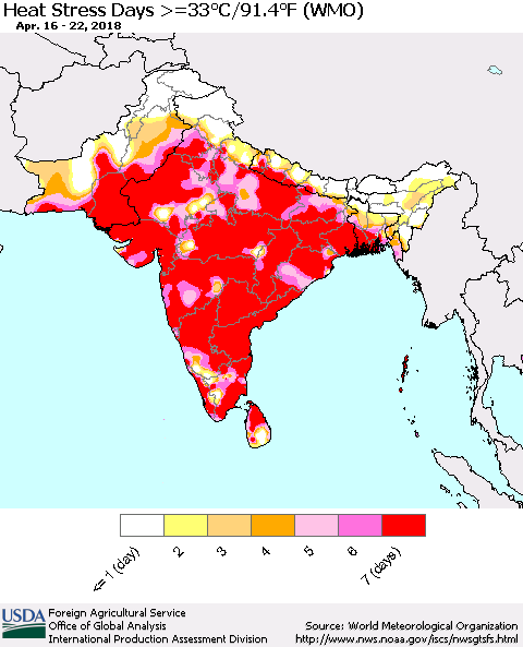 Southern Asia Heat Stress Days >=35°C/95°F (WMO) Thematic Map For 4/16/2018 - 4/22/2018