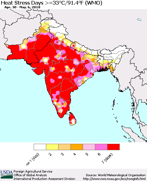 Southern Asia Heat Stress Days >=35°C/95°F (WMO) Thematic Map For 4/30/2018 - 5/6/2018