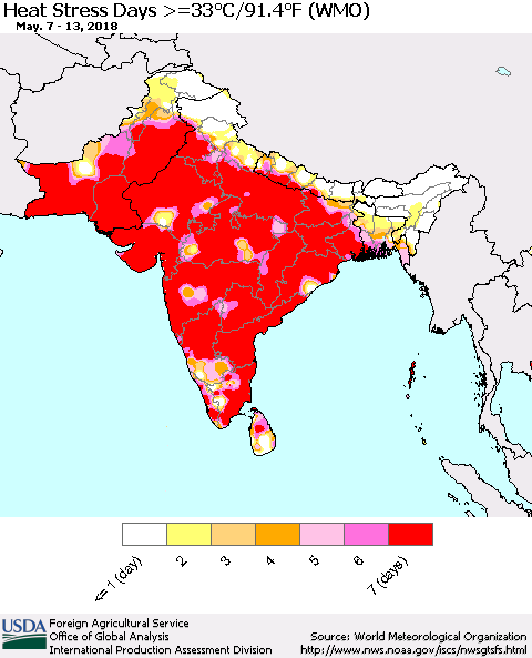 Southern Asia Heat Stress Days >=35°C/95°F (WMO) Thematic Map For 5/7/2018 - 5/13/2018